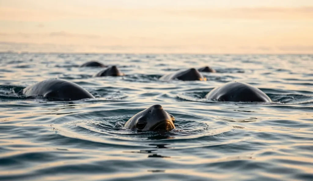 Melon-headed whales with rounded heads surfacing together in warm tropical ocean waters