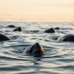 Melon-headed whales with rounded heads surfacing together in warm tropical ocean waters
