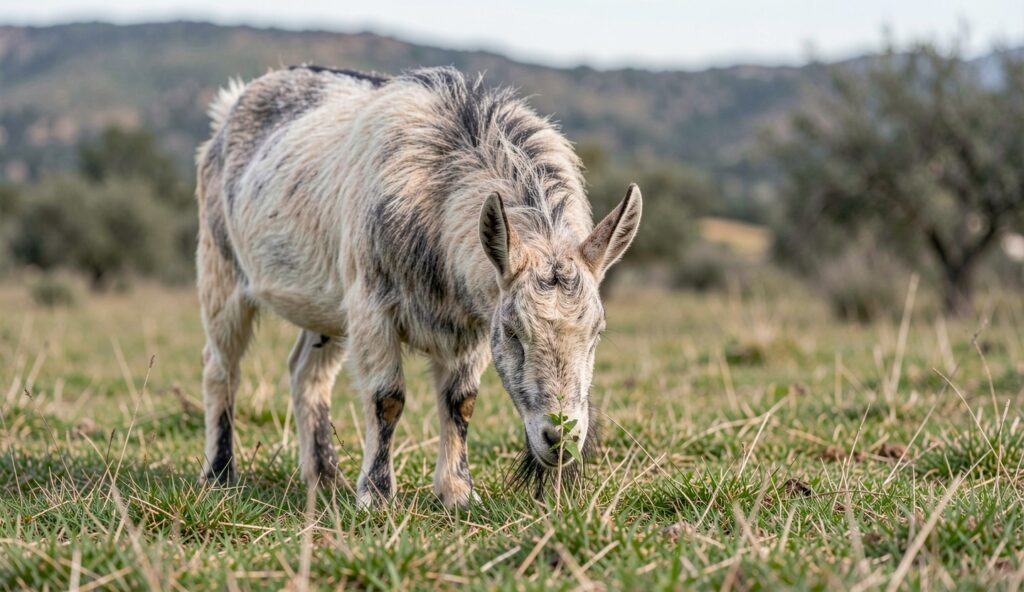 A Mesetas goat grazing in a rural Spanish pasture with low hills and shrubs in the background.