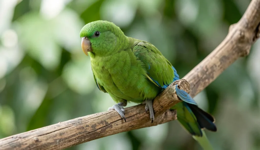 Mexican parrotlet with blue rump and green body perched on a wooden branch