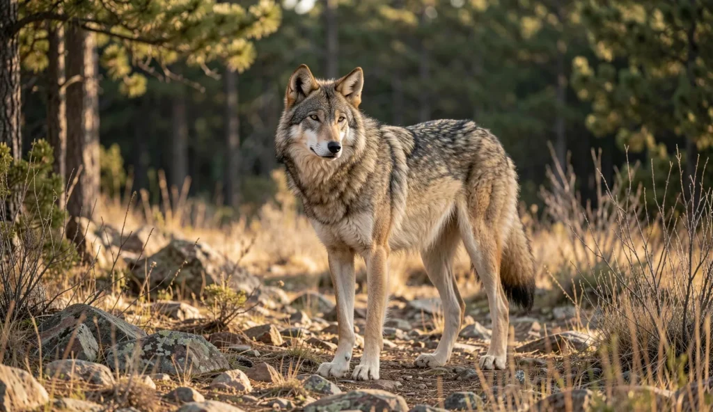 A Mexican wolf standing outdoors on rocky ground near forest edge during late afternoon light.