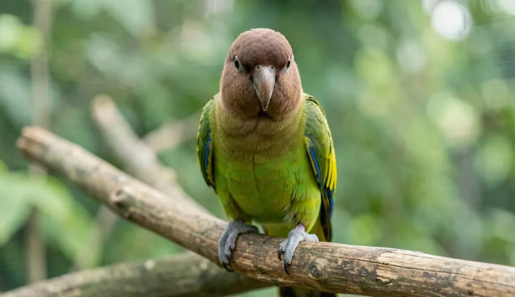 Meyer parrot with brown head and green body perched on a wooden branch in natural light.