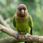 Meyer parrot with brown head and green body perched on a wooden branch in natural light.