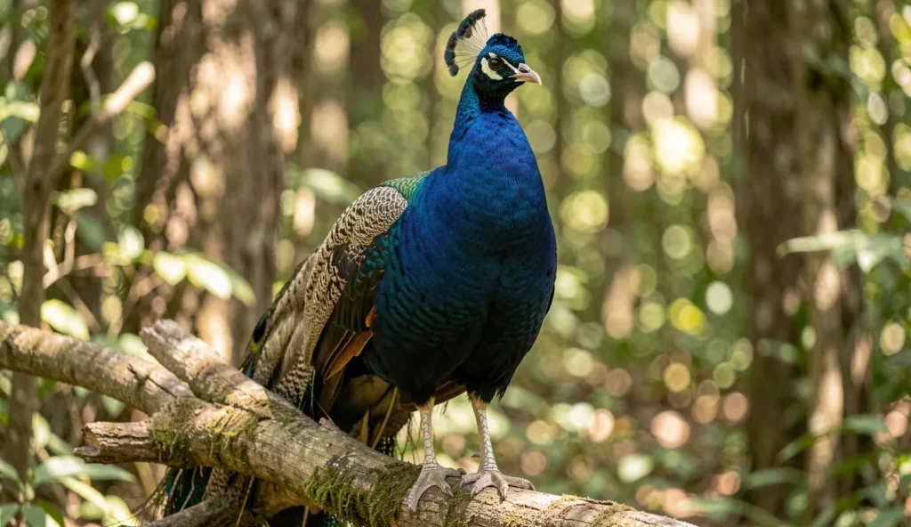 A Midnight Peafowl perched on a branch in a forest setting showcasing its dark iridescent plumage