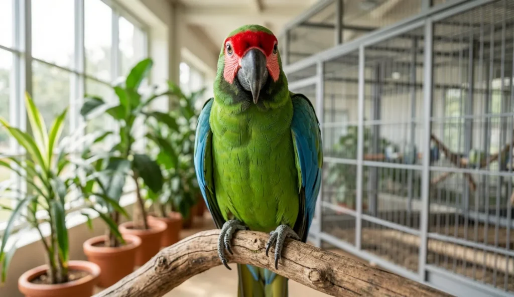 A Military Macaw with green body, red forehead, and blue flight feathers perched on a wooden branch in a well-lit indoor aviary