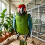 Military Macaw – Health, Habitat & Complete Care Guide A Military Macaw with green body, red forehead, and blue flight feathers perched on a wooden branch in a well-lit indoor aviary