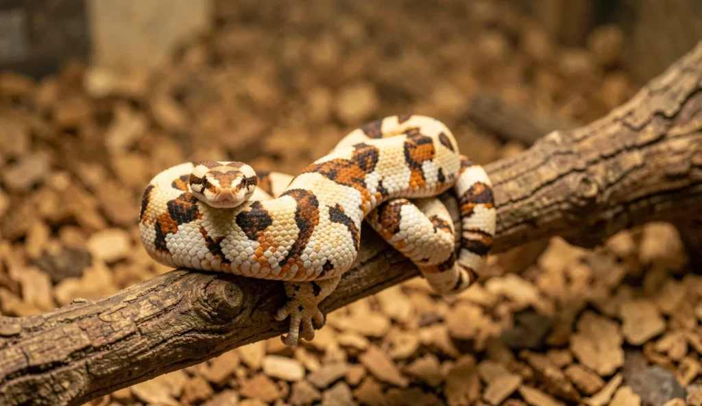 A milk snake inside a terrarium showing cream and orange bands with dark markings across its body.