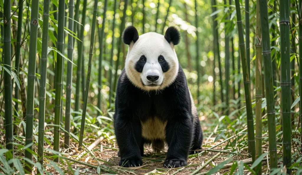 Real-life panda in a bamboo forest