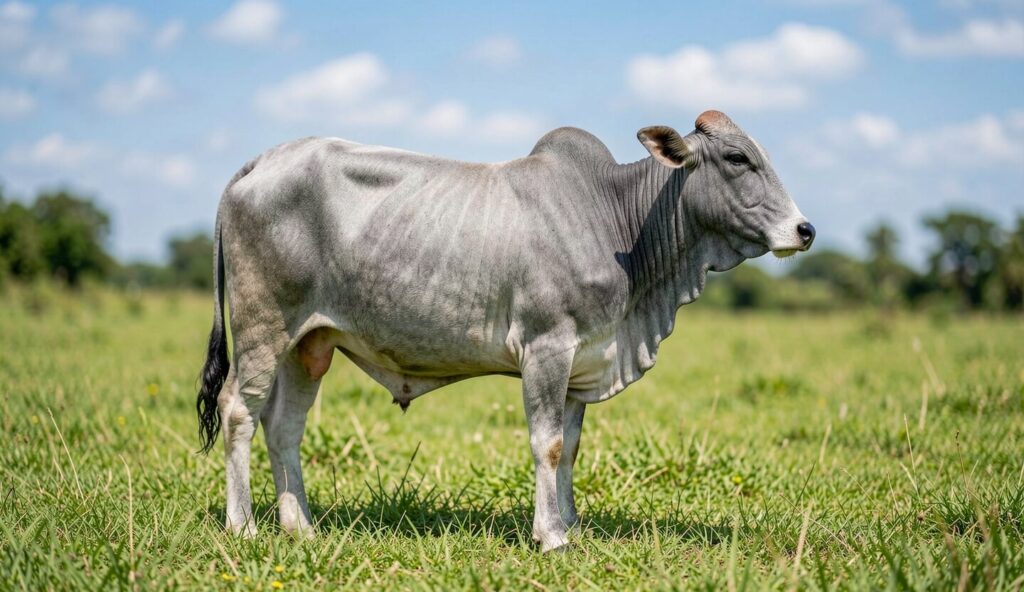 A gray Miniature Zebu grazing on a pasture under a bright blue sky