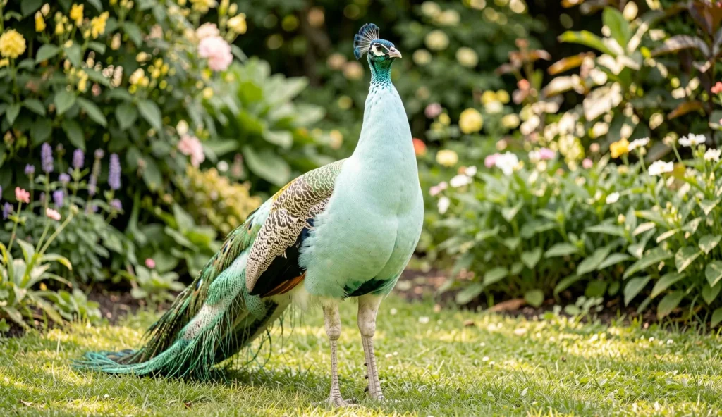 Mint peafowl in a garden showing pastel green blue plumage