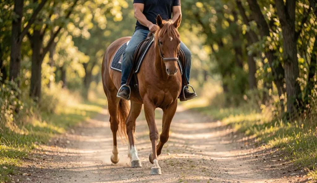 A Missouri Fox Trotter horse moving smoothly at a fox trot on a dirt trail with a rider aboard.