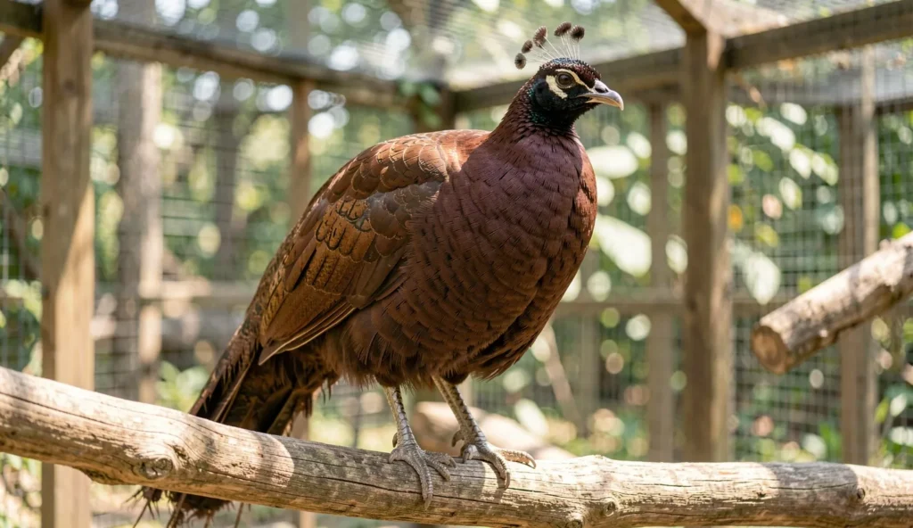 Close up of a mocha peafowl with deep chocolate brown plumage perched on a branch in a sunlit aviary.