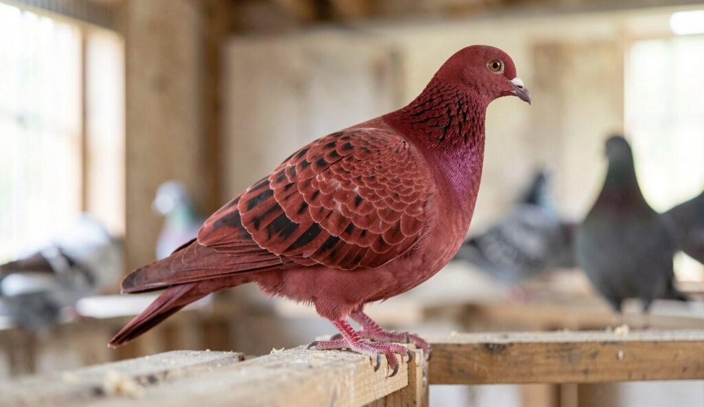A Modena pigeon with red barred plumage standing on a wooden perch in a loft, side view