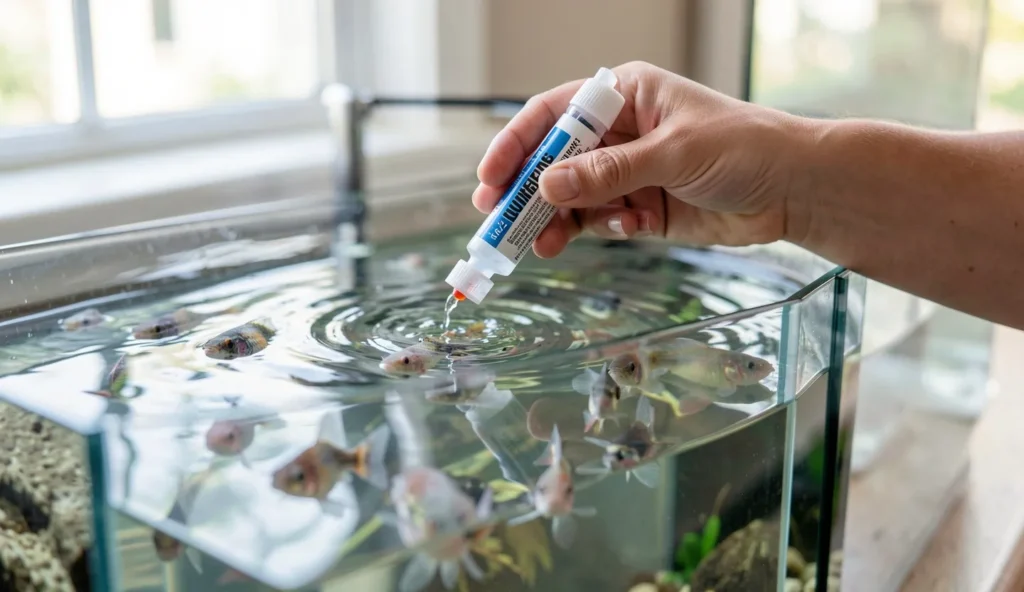 Aquarist testing aquarium water parameters in front of a home aquarium with molly fish swimming in warm, planted water