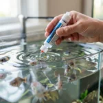 Aquarist testing aquarium water parameters in front of a home aquarium with molly fish swimming in warm, planted water
