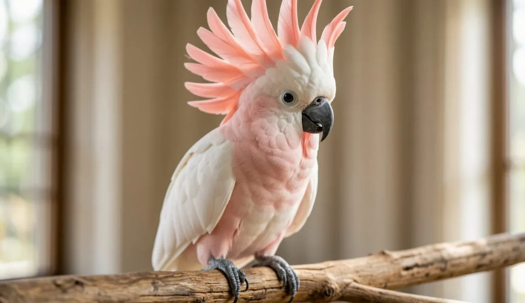 Salmon-crested cockatoo with raised crest perching on a wooden branch in natural light