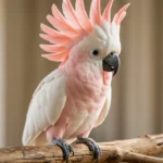 Salmon-crested cockatoo with raised crest perching on a wooden branch in natural light