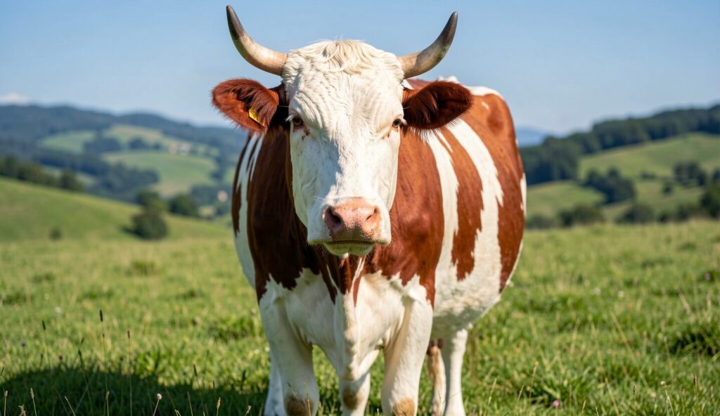 A red and white Montbéliarde cow grazing in a green pasture with hills in the background