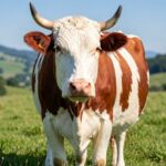 Montbéliarde Cattle – The Popular French Dairy Breed for Small Farms A red and white Montbéliarde cow grazing in a green pasture with hills in the background