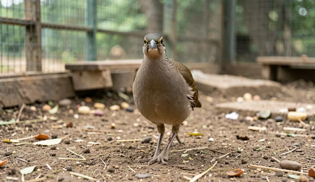 A Moorland Francolin walking on the ground inside a secure aviary with natural substrate and low perches