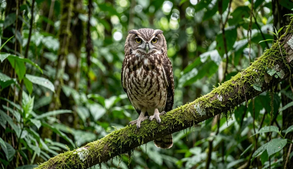 Close up of a mottled owl perched on a mossy branch in a Central American rainforest