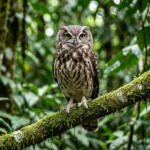 Mottled Owl – Cryptic Rainforest Resident & Complete Care Guide Close up of a mottled owl perched on a mossy branch in a Central American rainforest