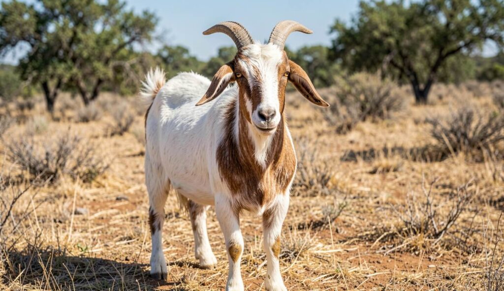 A Moxoto goat with white and brown coat, curved horns, and drooping ears standing in a dry Brazilian pasture.