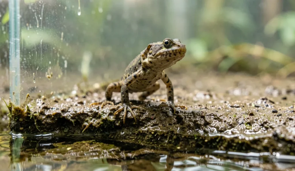 Mudskipper fish perched on a moist platform at the waterline in a brackish paludarium.
