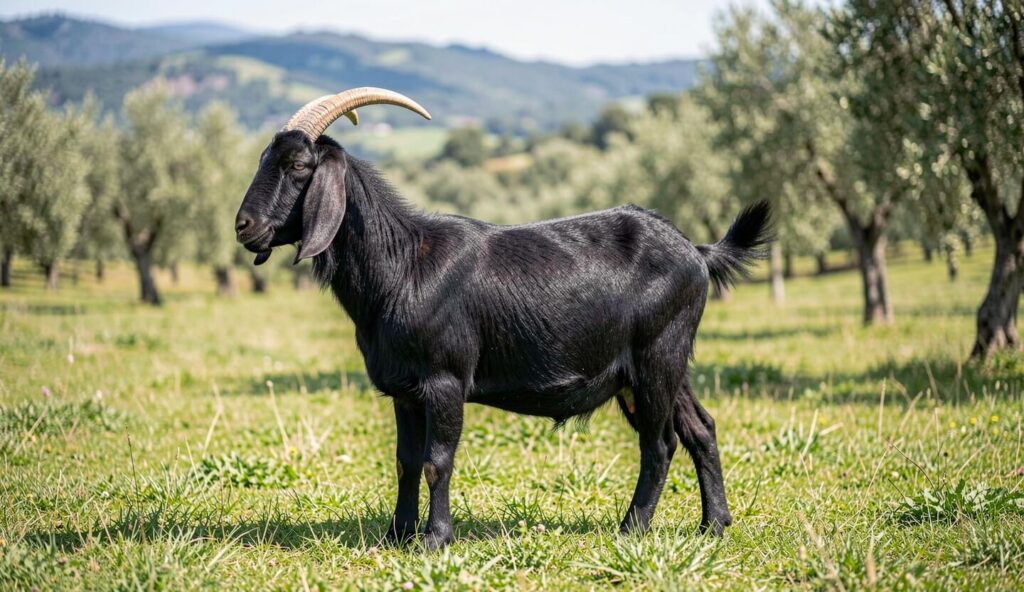 Side view of a black Murciana goat with large ears and curved horns standing in a grassy field with hills in the background.