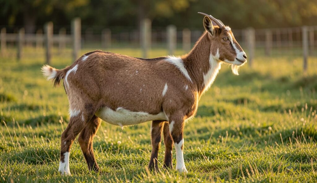 A myotonic goat standing in a grassy pasture with a fence in the background.
