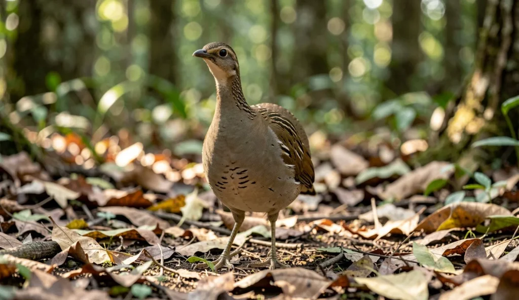 A Nahan Francolin standing on the forest floor in natural understory habitat