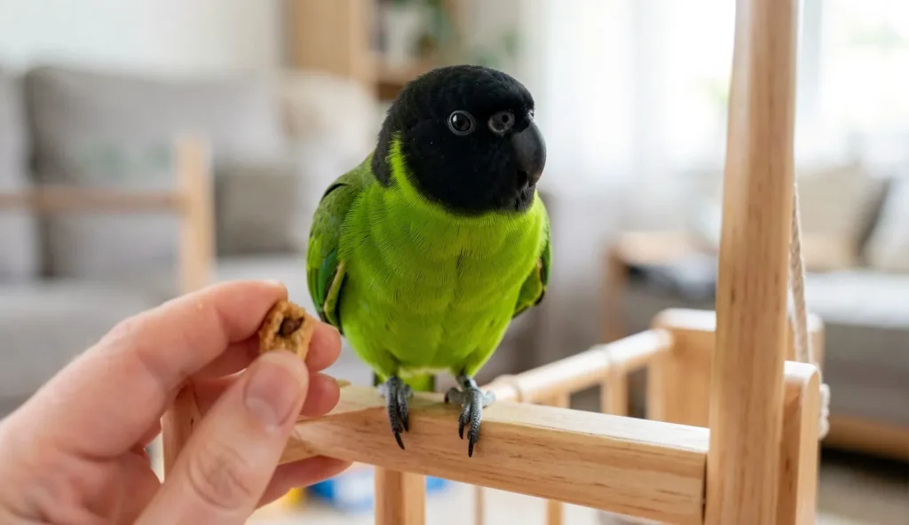 Nanday Conure with black hood perched on a wooden gym accepting a treat from a human hand