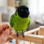 Nanday Conure with black hood perched on a wooden gym accepting a treat from a human hand