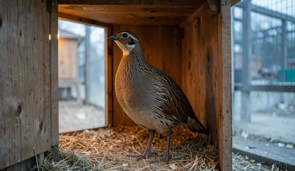 Natal francolin standing in a heated bird shelter with dry bedding during cold weather.