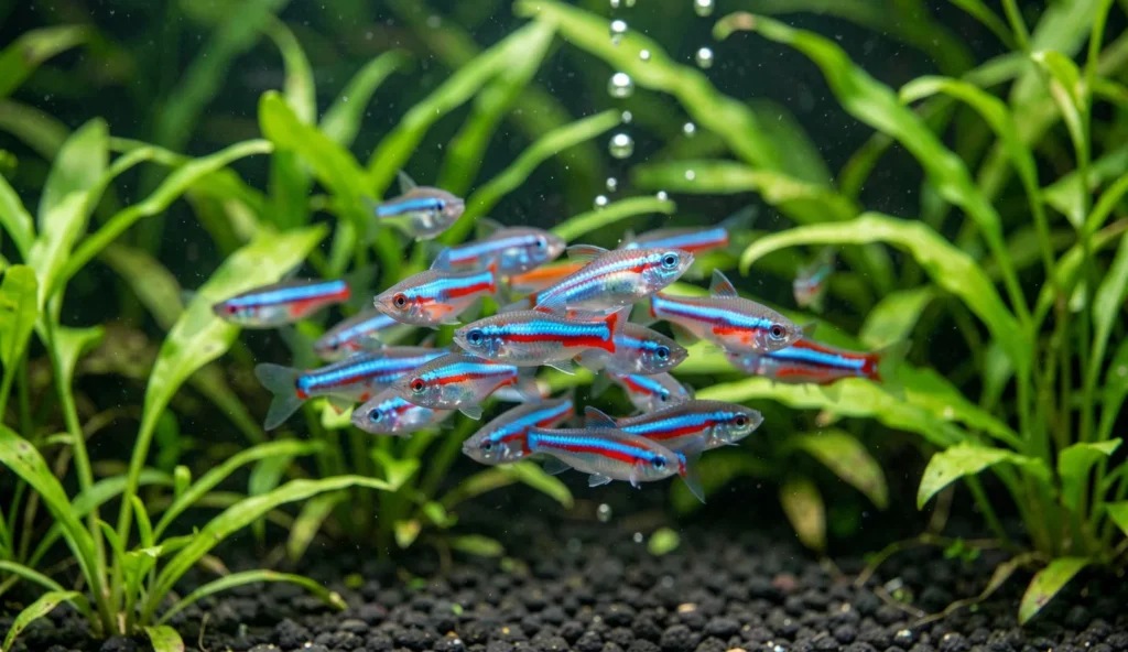 Neon tetras schooling together in the middle of a planted aquarium with dark substrate and soft lighting