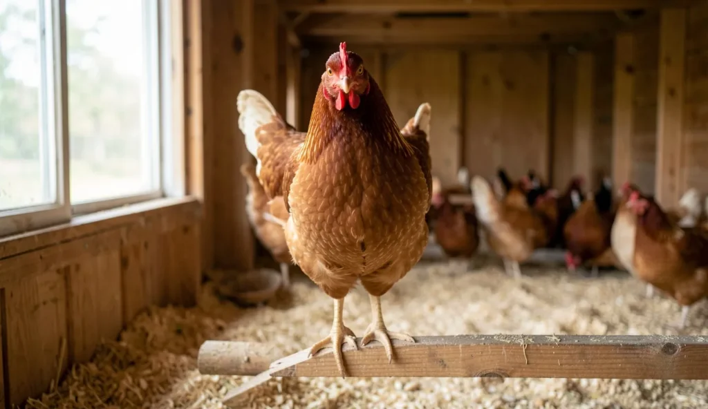 A New Hampshire Red hen standing on a wooden roost inside a coop with clean bedding and morning light.