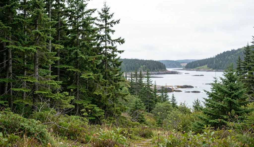 A Newfoundland coastal forest landscape showing the kind of island habitat where an extinct island wolf would have lived.