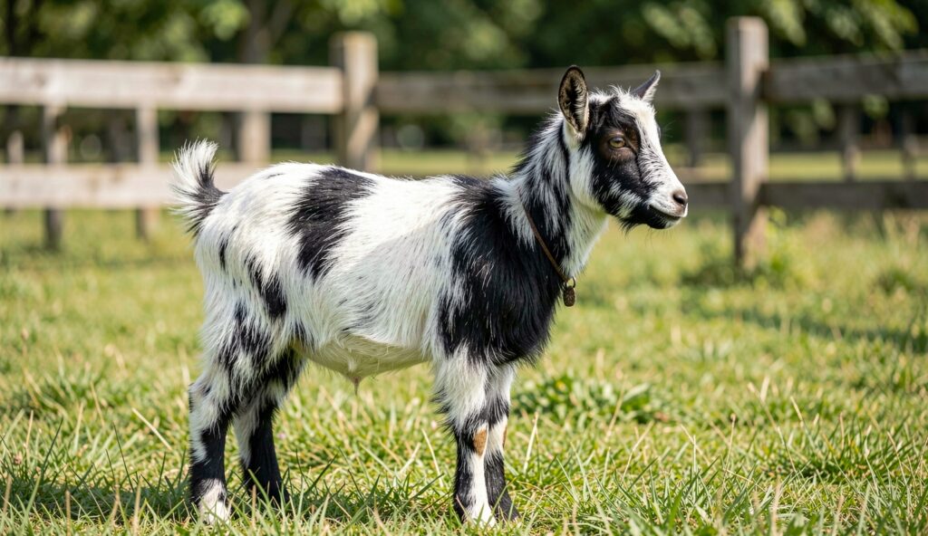 Side view of a Nigerian Dwarf goat with black and white coat standing in a green pasture next to a wooden fence