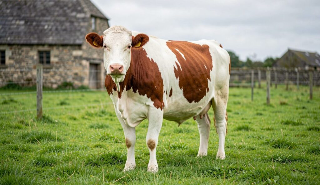 Normande cow with red and white patches grazing in a green pasture with a stone barn in the background