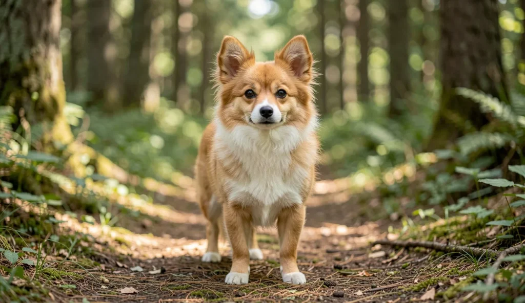 Norrbottenspets standing on a forest path with upright ears and alert expression in soft daylight.