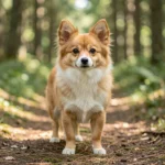 Norrbottenspets standing on a forest path with upright ears and alert expression in soft daylight.