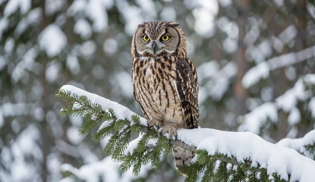 Northern Hawk Owl perched on a branch in a snowy boreal forest