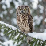 Northern Hawk Owl perched on a branch in a snowy boreal forest