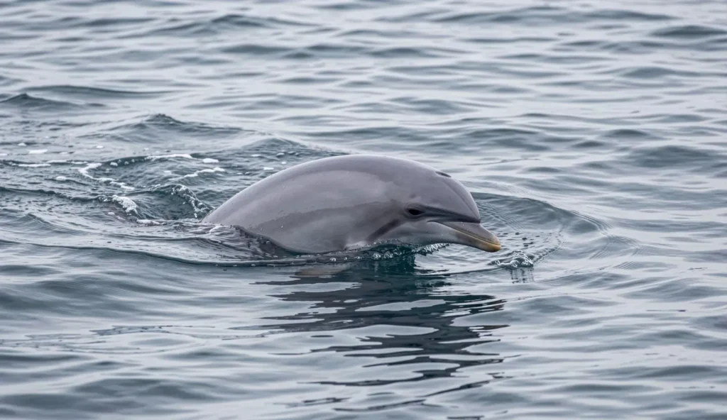 Northern Right Whale Dolphin surfacing in cold northern Pacific waters with no dorsal fin visible from above