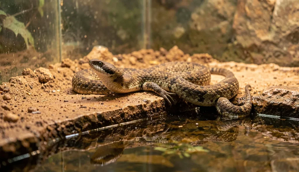 Northern Water Snake basking on a dry platform beside a shallow pool in a home terrarium.