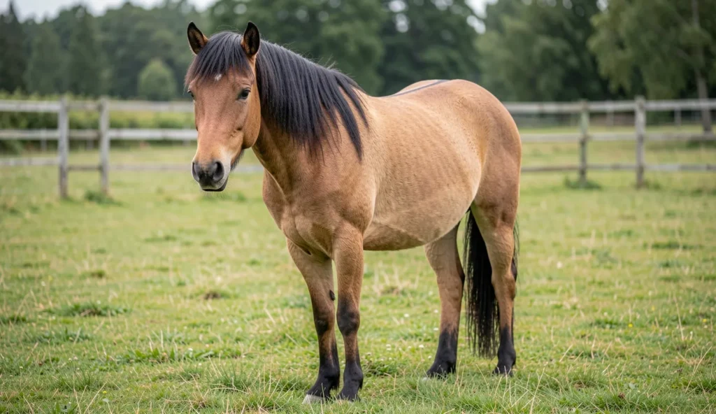 Norwegian Fjord horse with a dun coat and visible dorsal stripe standing calmly in an outdoor paddock.