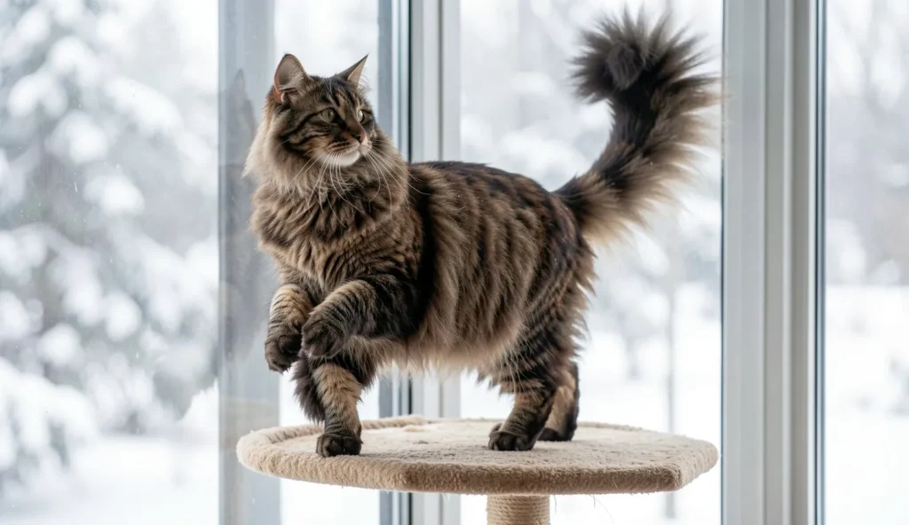 Norwegian Forest cat with a thick double coat standing on a cat tree near a window in winter light