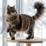 Norwegian Forest cat with a thick double coat standing on a cat tree near a window in winter light