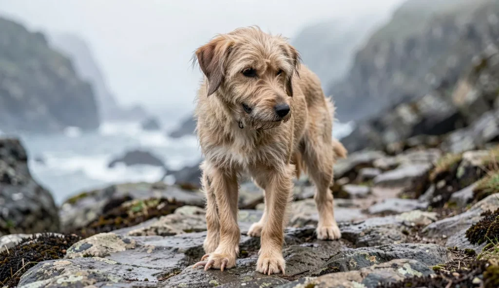 Norwegian Lundehund standing on a rocky coastal path with its neck extended and front paws showing extra toes in natural daylight.