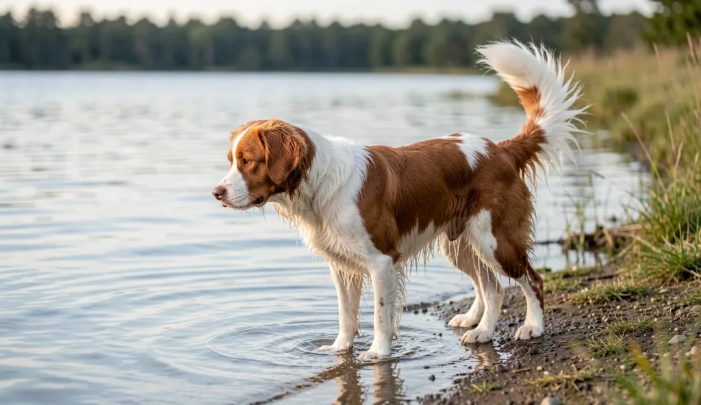 Nova Scotia Duck Tolling Retriever standing at the edge of a calm lake looking toward the water in natural light.